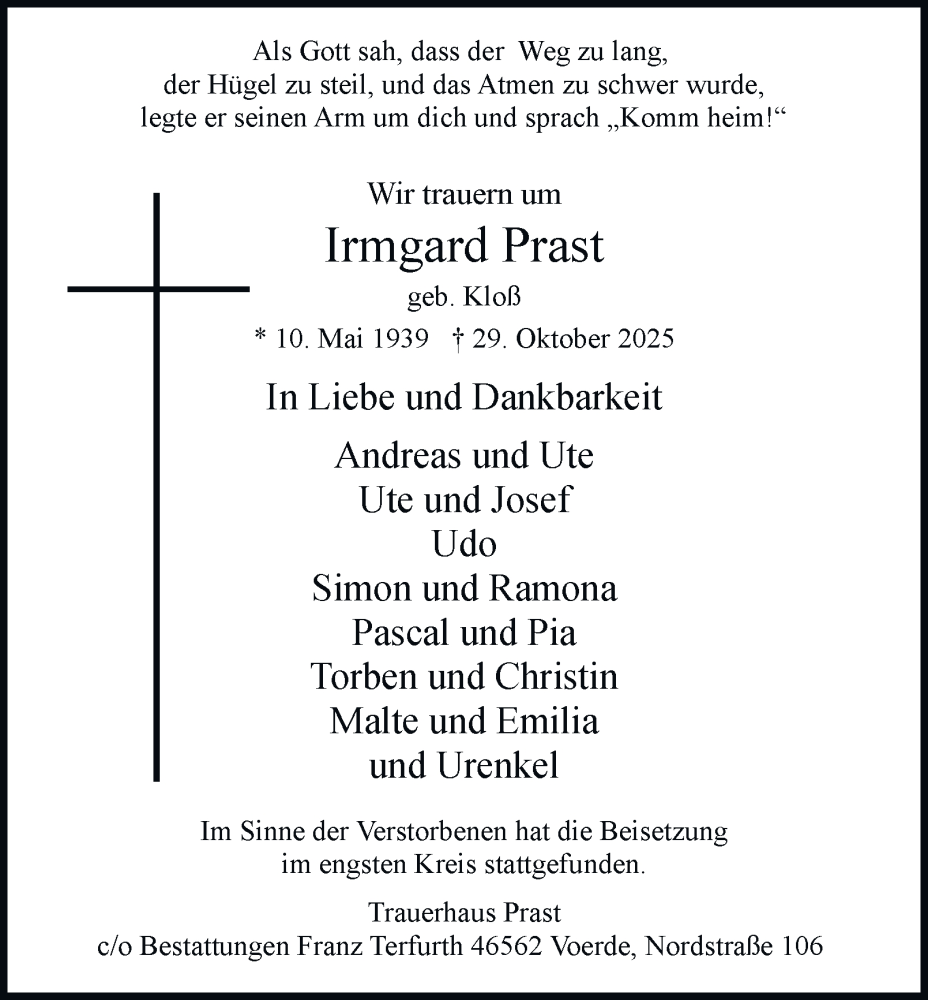  Traueranzeige für Irmgard Prast vom 08.11.2025 aus Tageszeitung