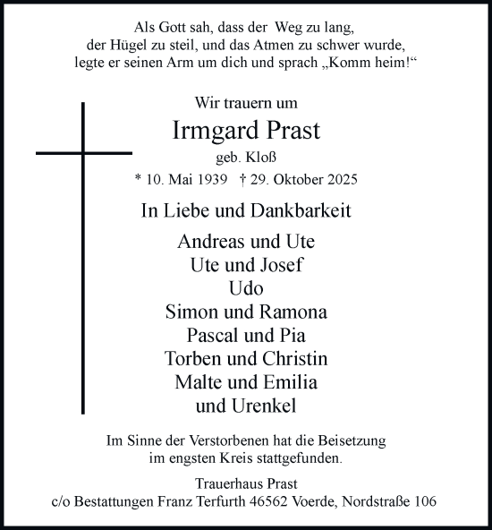 Traueranzeige von Irmgard Prast von Tageszeitung