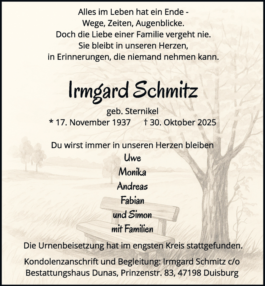  Traueranzeige für Irmgard Schmitz vom 22.11.2025 aus Tageszeitung
