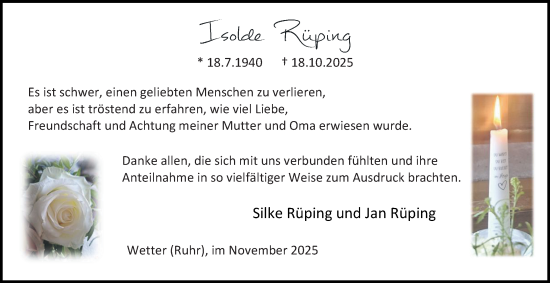 Traueranzeige von Isolde Rüping von Tageszeitung