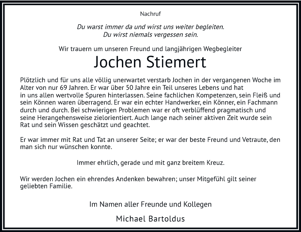  Traueranzeige für Jochen Stiemert vom 29.11.2025 aus Tageszeitung