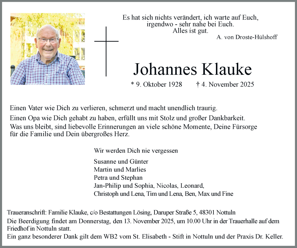  Traueranzeige für Johannes Klauke vom 08.11.2025 aus Tageszeitung