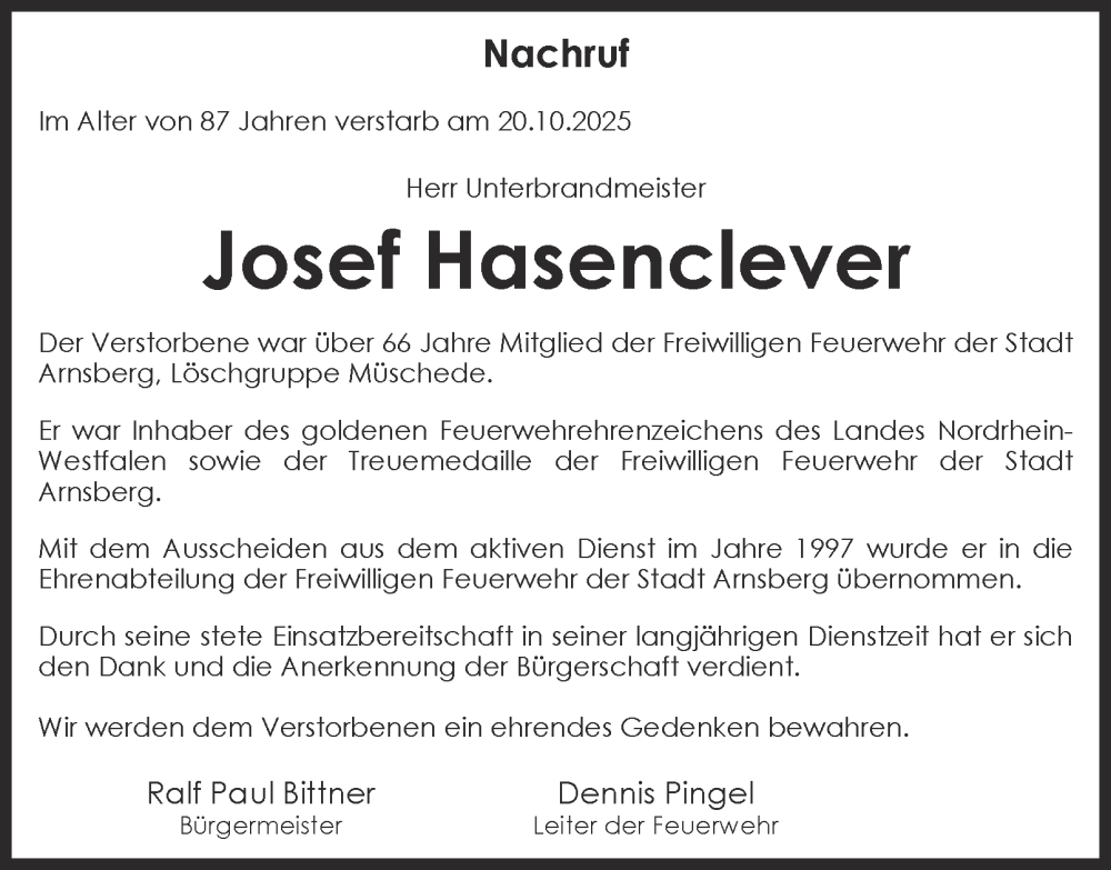  Traueranzeige für Josef Hasenclever vom 04.11.2025 aus Tageszeitung