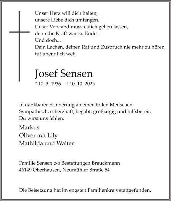 Traueranzeige von Josef Sensen von Tageszeitung