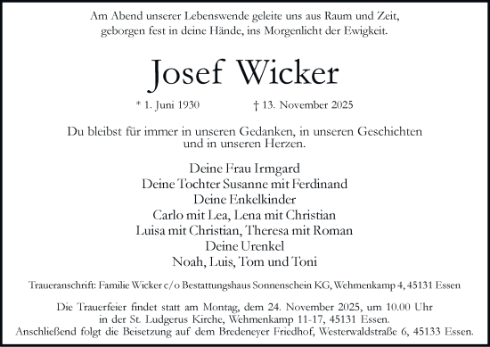 Traueranzeige von Josef Wicker von Tageszeitung