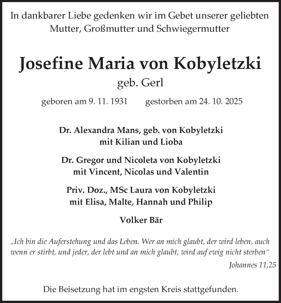  Traueranzeige für Josefine Maria von Kobyletzki vom 08.11.2025 aus Tageszeitung