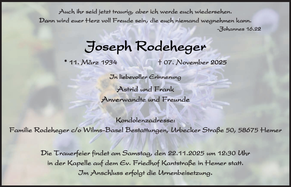  Traueranzeige für Joseph Rodeheger vom 15.11.2025 aus Tageszeitung