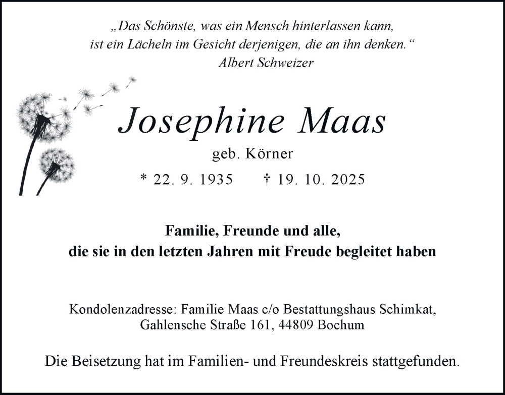  Traueranzeige für Josephine Maas vom 15.11.2025 aus Tageszeitung