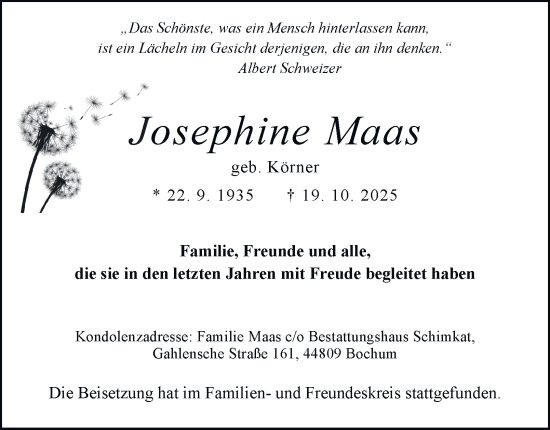 Traueranzeige von Josephine Maas von Tageszeitung