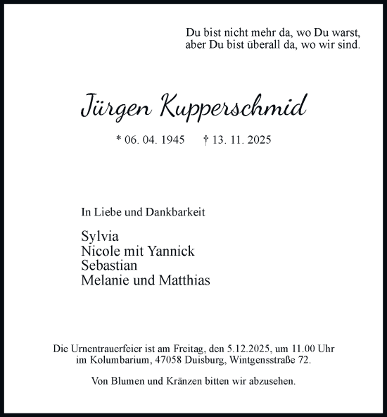 Traueranzeige von Jürgen Kupperschmid von Tageszeitung