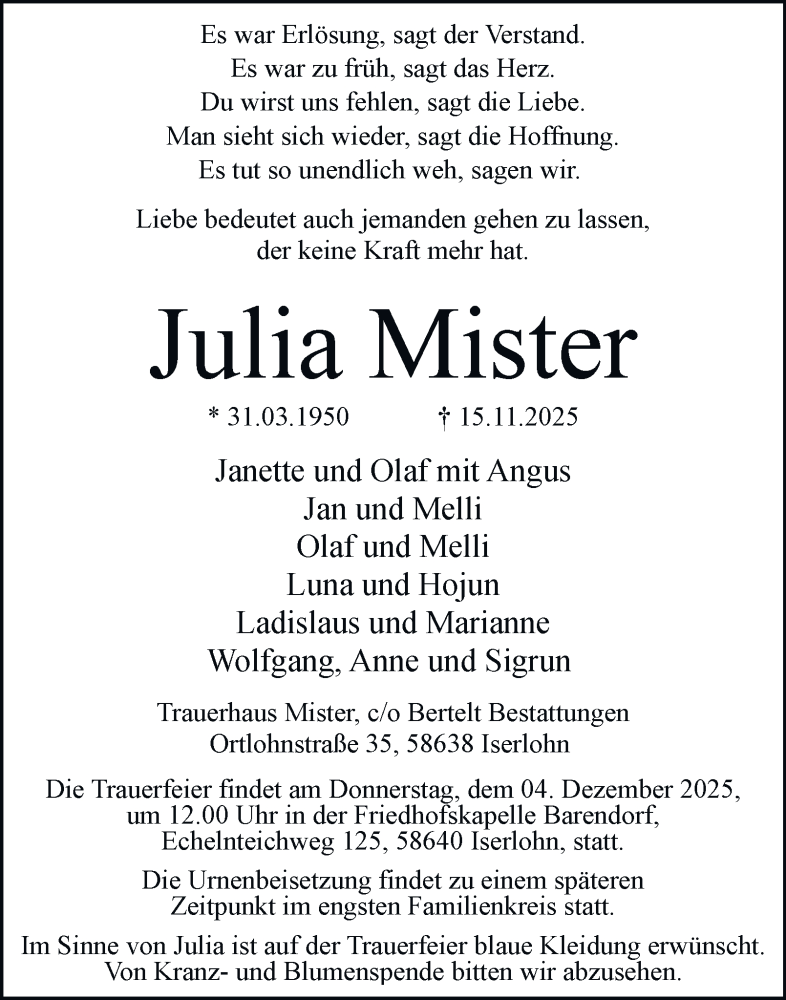  Traueranzeige für Julia Mister vom 29.11.2025 aus Tageszeitung