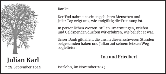 Traueranzeige von Julian Karl von Tageszeitung