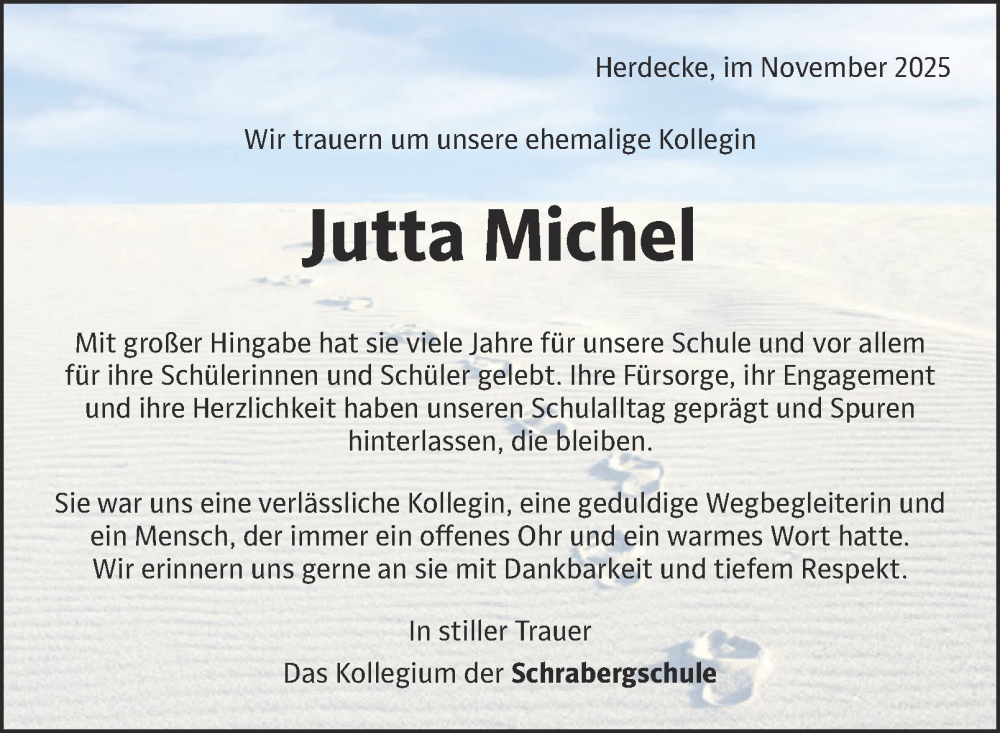  Traueranzeige für Jutta Michel vom 15.11.2025 aus Tageszeitung