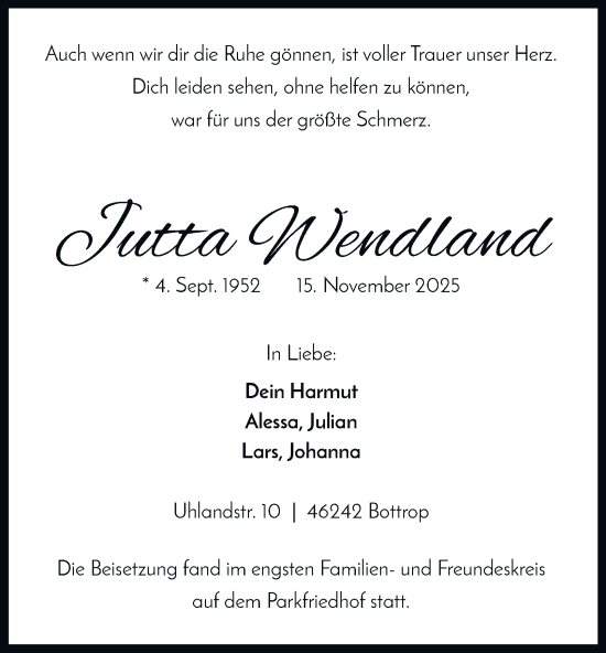 Traueranzeige von Jutta Wendland von Tageszeitung