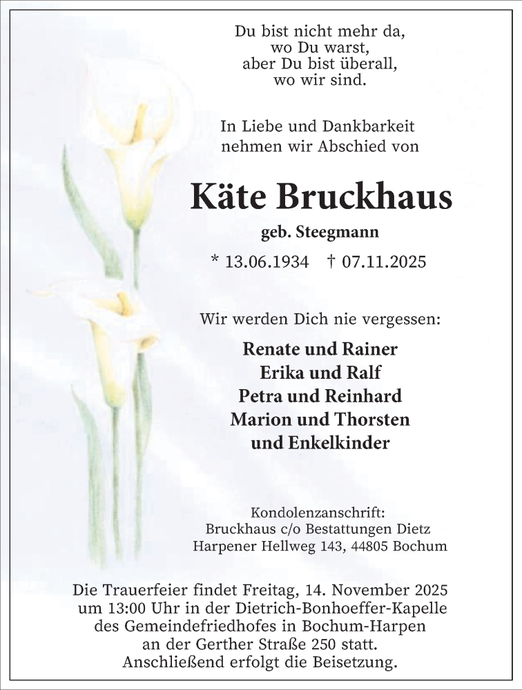  Traueranzeige für Käte Bruckhaus vom 11.11.2025 aus Tageszeitung