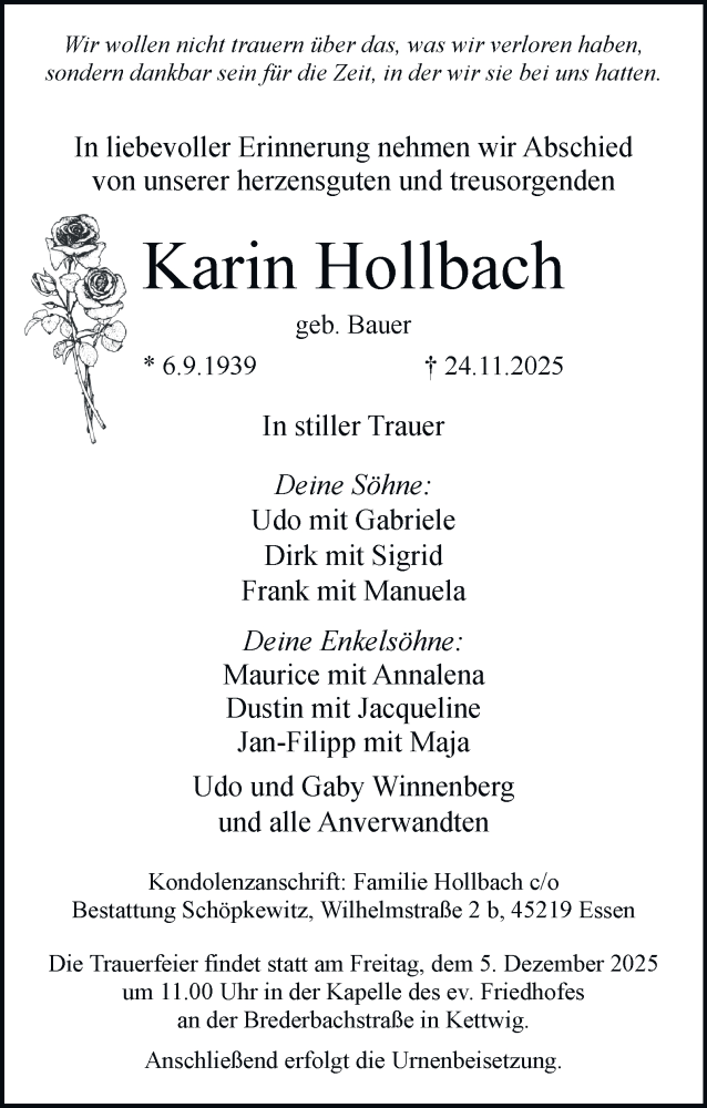  Traueranzeige für Karin Hollbach vom 29.11.2025 aus Tageszeitung