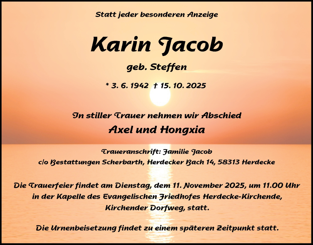  Traueranzeige für Karin Jacob vom 08.11.2025 aus Tageszeitung