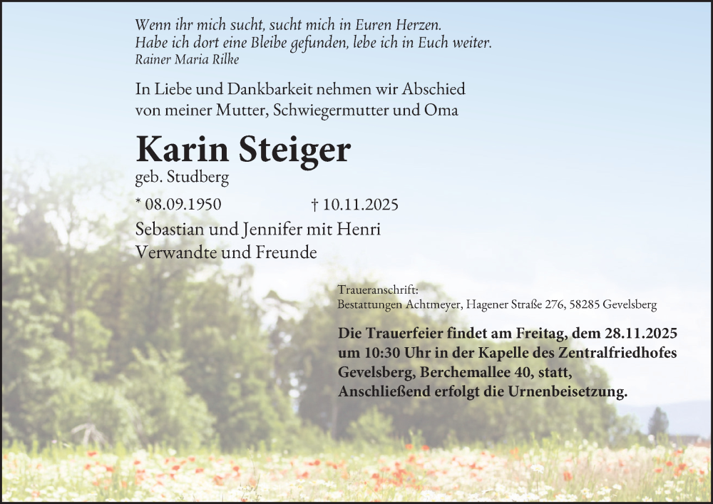  Traueranzeige für Karin Steiger vom 22.11.2025 aus Tageszeitung