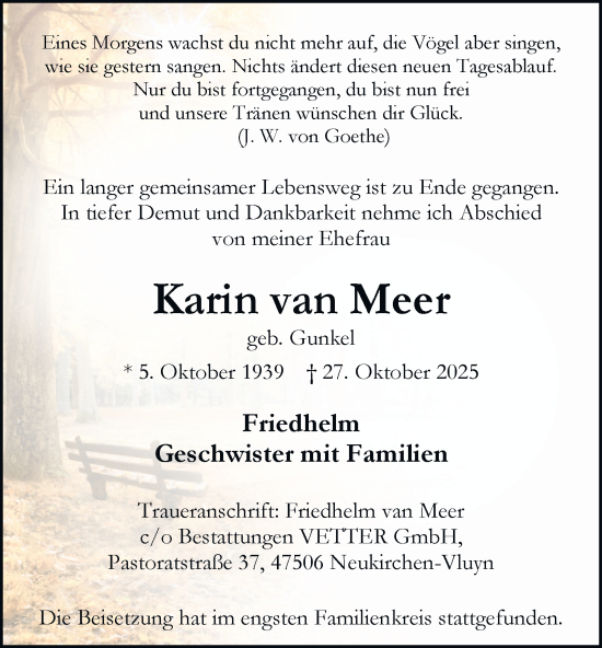 Traueranzeige von Karin van Meer von Tageszeitung