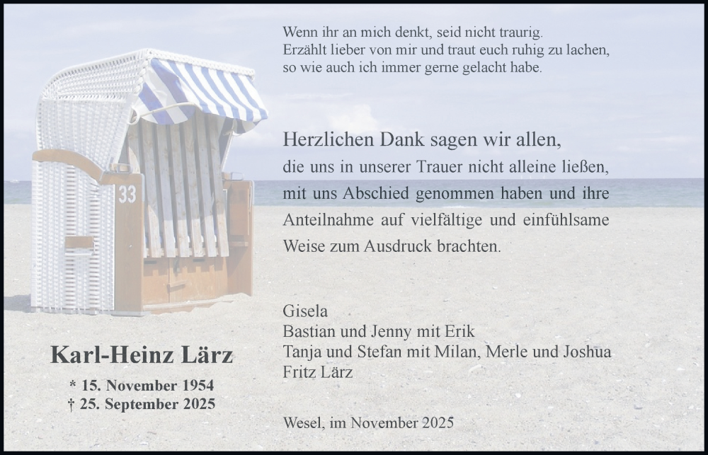  Traueranzeige für Karl-Heinz Lärz vom 08.11.2025 aus Tageszeitung