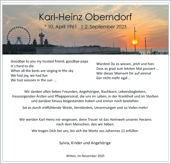 Traueranzeige von Karl-Heinz Oberndorf von Tageszeitung
