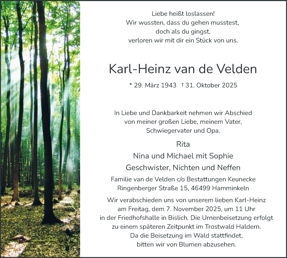  Traueranzeige für Karl-Heinz van de Velden vom 04.11.2025 aus Tageszeitung