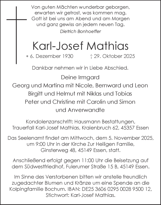 Traueranzeige von Karl-Josef Mathias von Tageszeitung