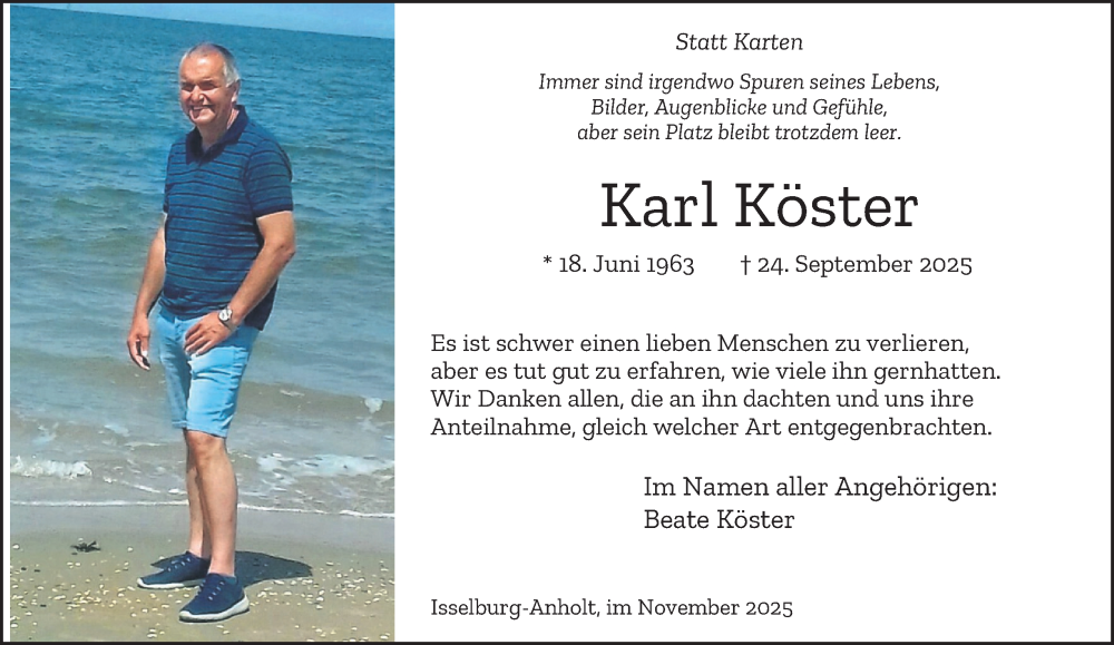  Traueranzeige für Karl Köster vom 15.11.2025 aus Tageszeitung