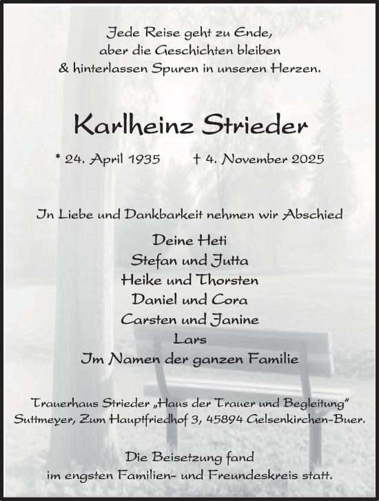 Traueranzeige von Karlheinz Strieder von Tageszeitung