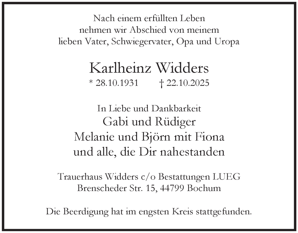 Traueranzeige für Karlheinz Widders vom 15.11.2025 aus Tageszeitung