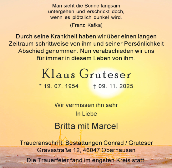 Traueranzeige von Klaus Gruteser von Tageszeitung