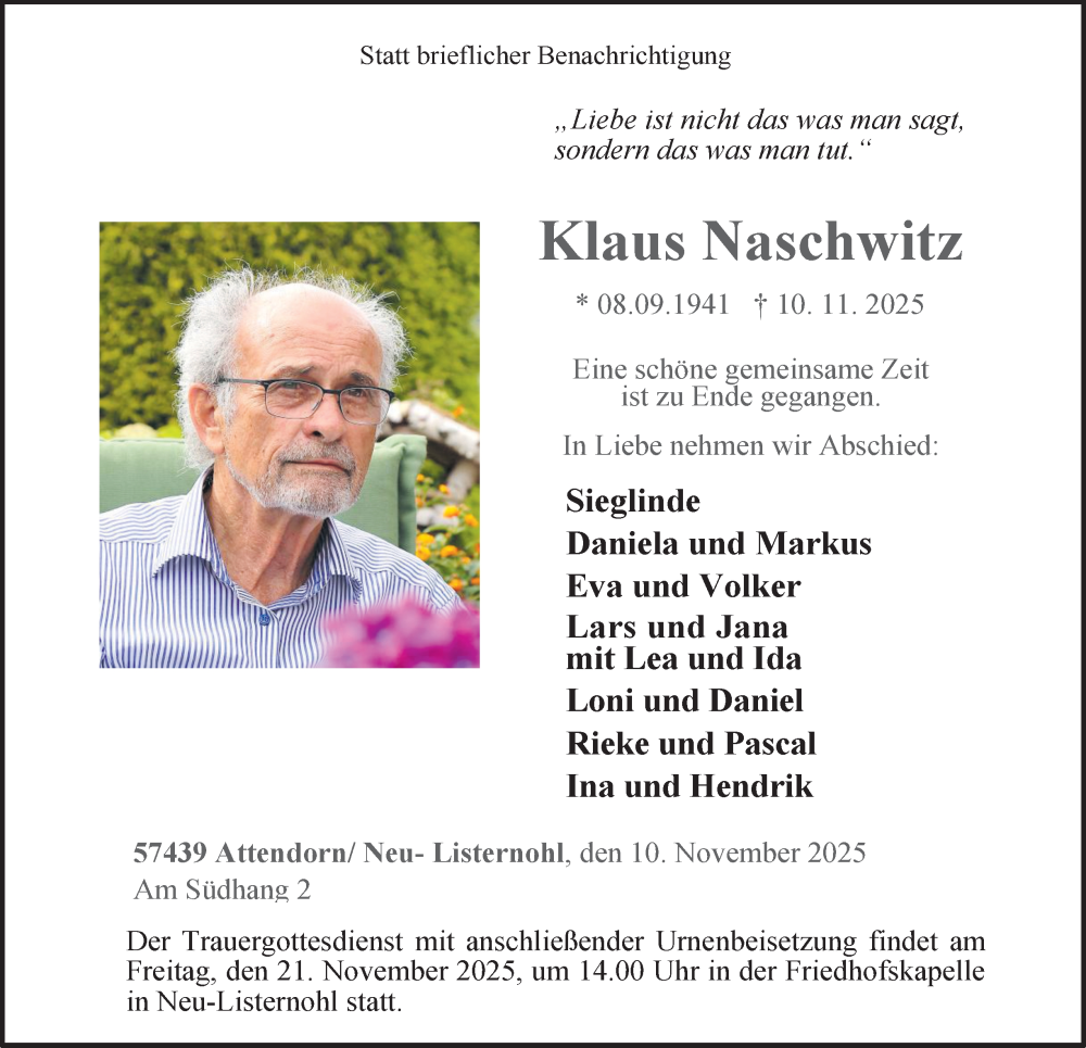  Traueranzeige für Klaus Naschwitz vom 15.11.2025 aus Tageszeitung