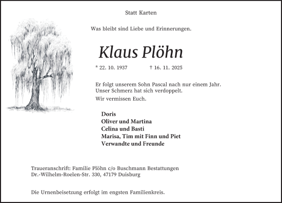 Traueranzeige von Klaus Plöhn von Tageszeitung