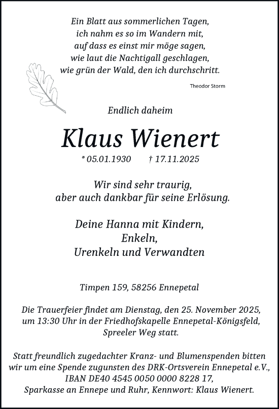 Traueranzeige von Klaus Wienert von Tageszeitung