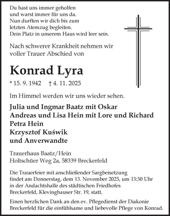 Traueranzeige von Konrad Lyra von Tageszeitung
