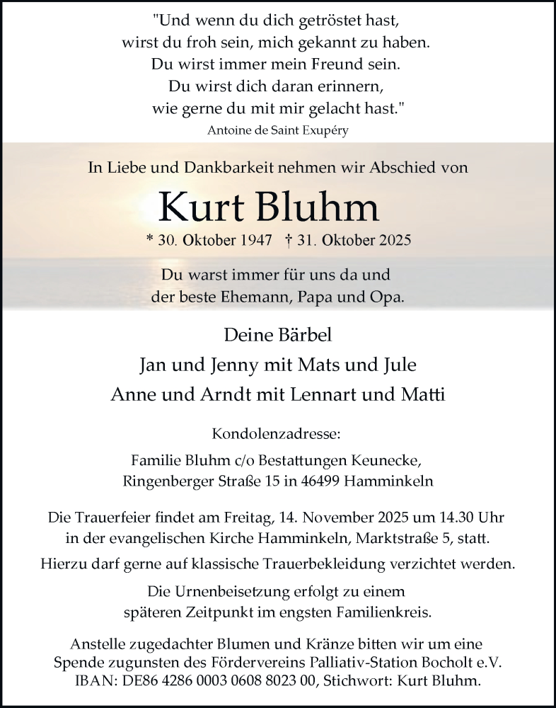  Traueranzeige für Kurt Bluhm vom 08.11.2025 aus Tageszeitung