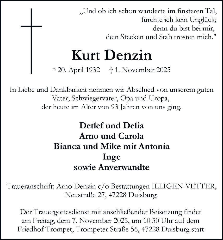  Traueranzeige für Kurt Denzin vom 06.11.2025 aus Tageszeitung