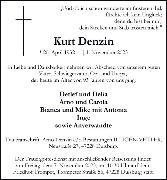 Traueranzeige von Kurt Denzin von Tageszeitung