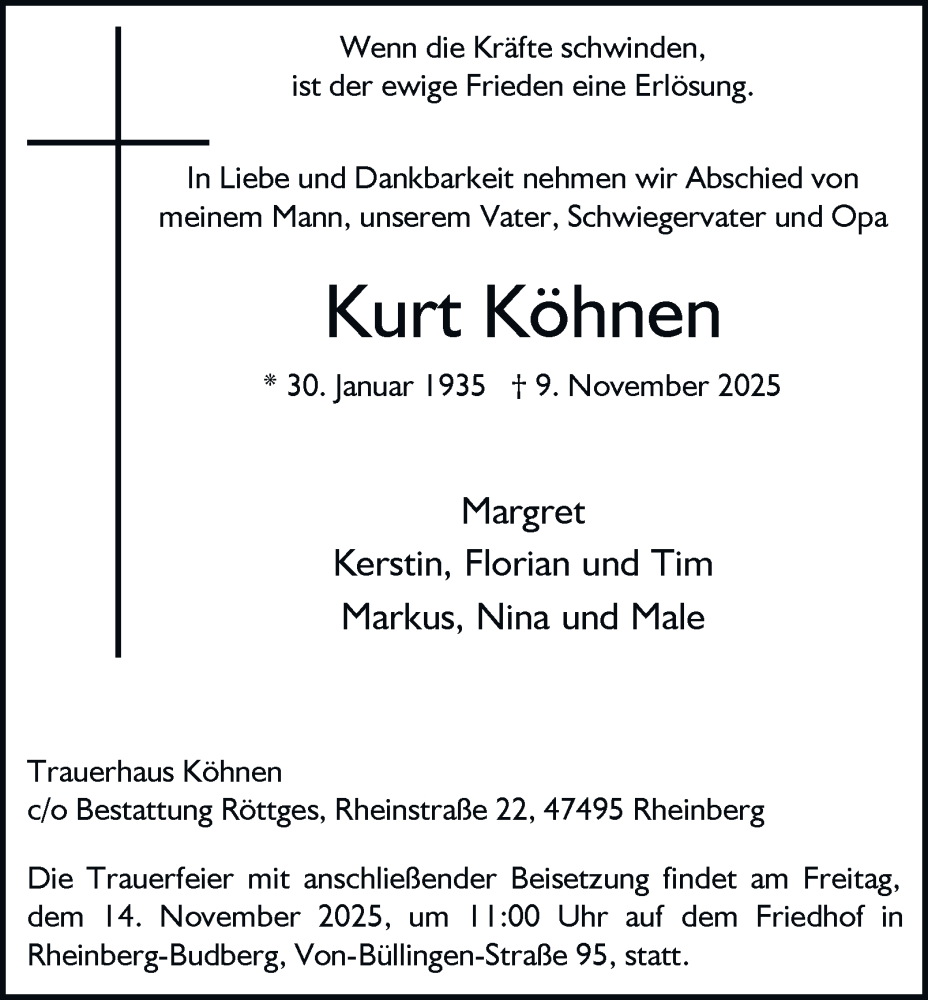 Traueranzeige für Kurt Köhnen vom 13.11.2025 aus Tageszeitung
