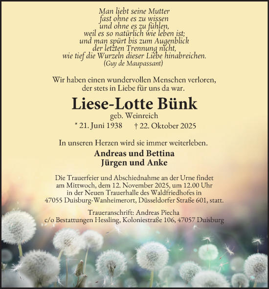 Traueranzeige von Liese-Lotte Bünk von Tageszeitung