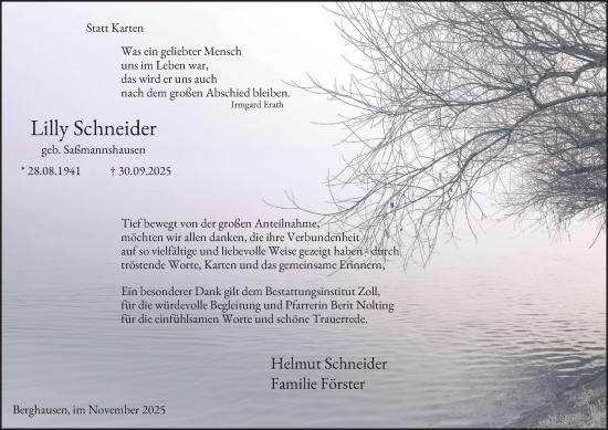 Traueranzeige von Lilly Schneider von Tageszeitung
