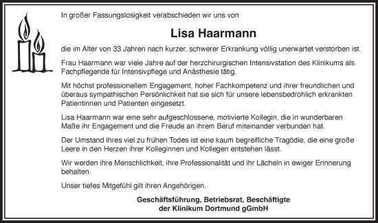 Traueranzeige von Lisa Haarmann von Tageszeitung