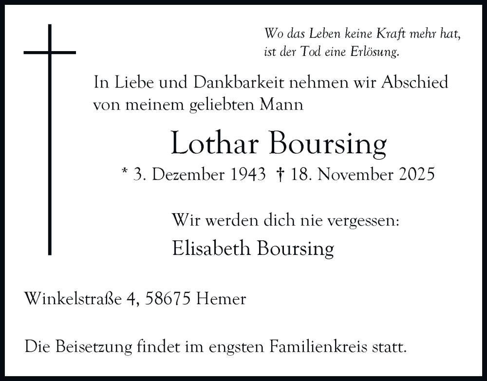  Traueranzeige für Lothar Boursing vom 22.11.2025 aus Tageszeitung