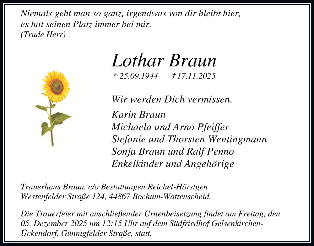  Traueranzeige für Lothar Braun vom 29.11.2025 aus Tageszeitung