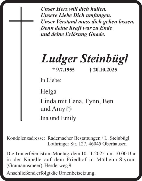 Traueranzeige von Ludger Steinbügl von Tageszeitung