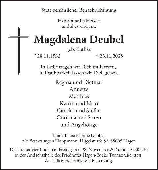 Traueranzeige von Magdalena Deubel von Tageszeitung