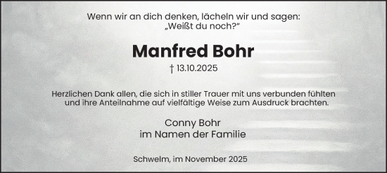 Traueranzeige von Manfred Bohr von Tageszeitung