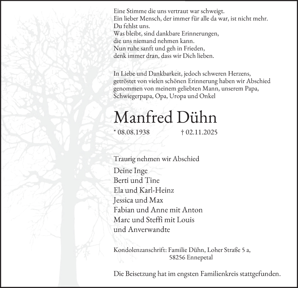  Traueranzeige für Manfred Dühn vom 29.11.2025 aus Tageszeitung