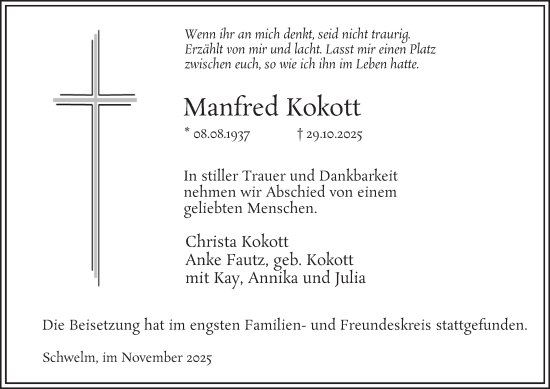 Traueranzeige von Manfred Kokott von Tageszeitung