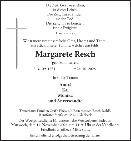 Traueranzeige von Margarete Resch von Tageszeitung